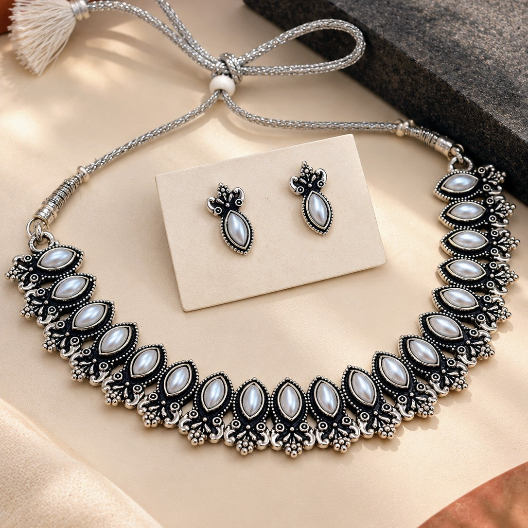 Oxidised Marquise Pearl Choker Necklace Set