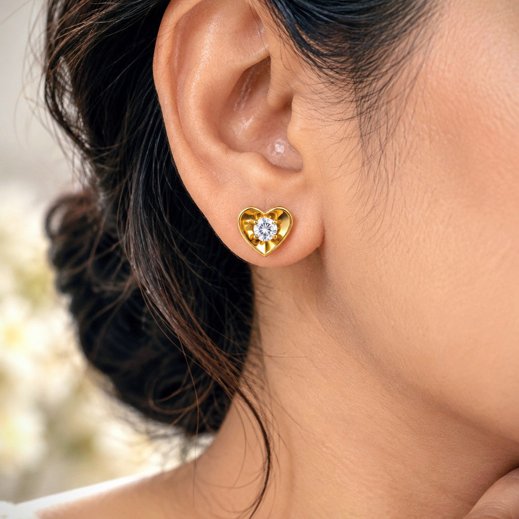 CZ Solitaire Heart Stud Earrings