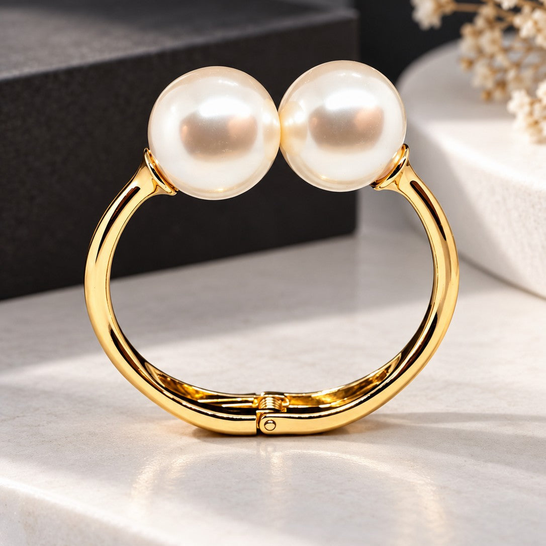Double Pearl Open Cuff Bangle