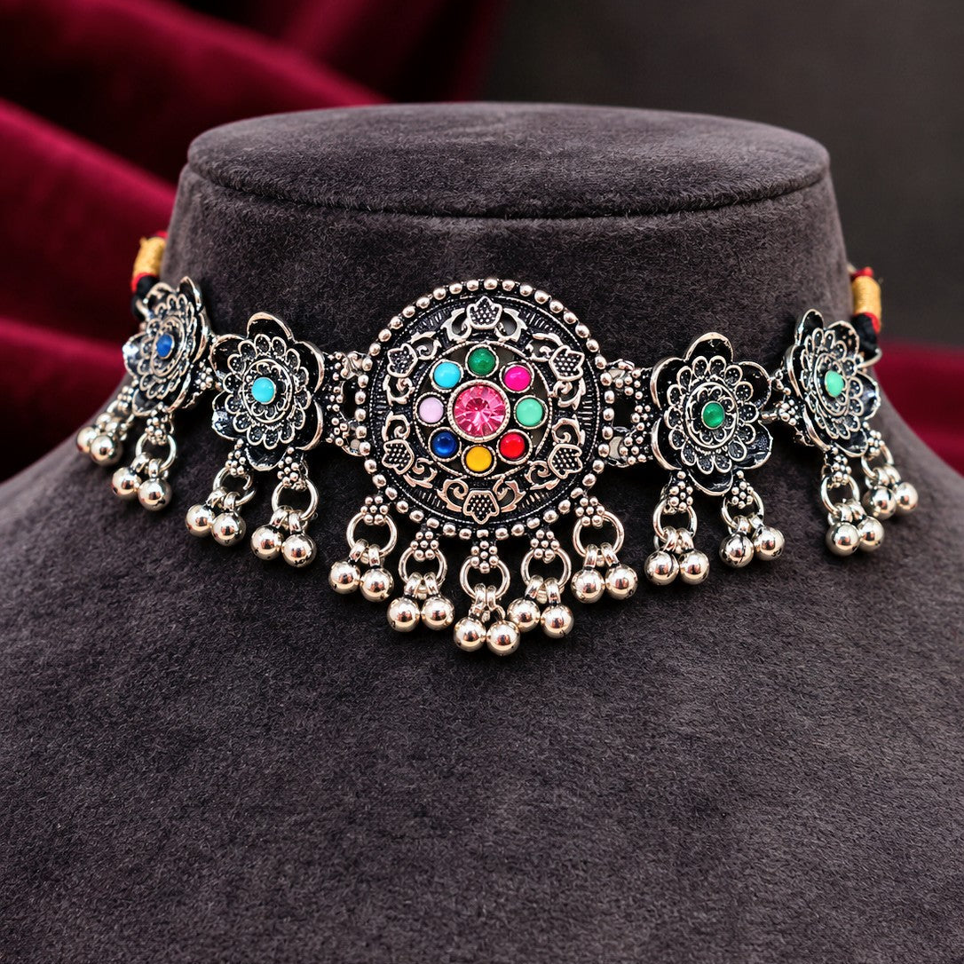 Oxidised Medallion Flower Ghungroo Choker Necklace