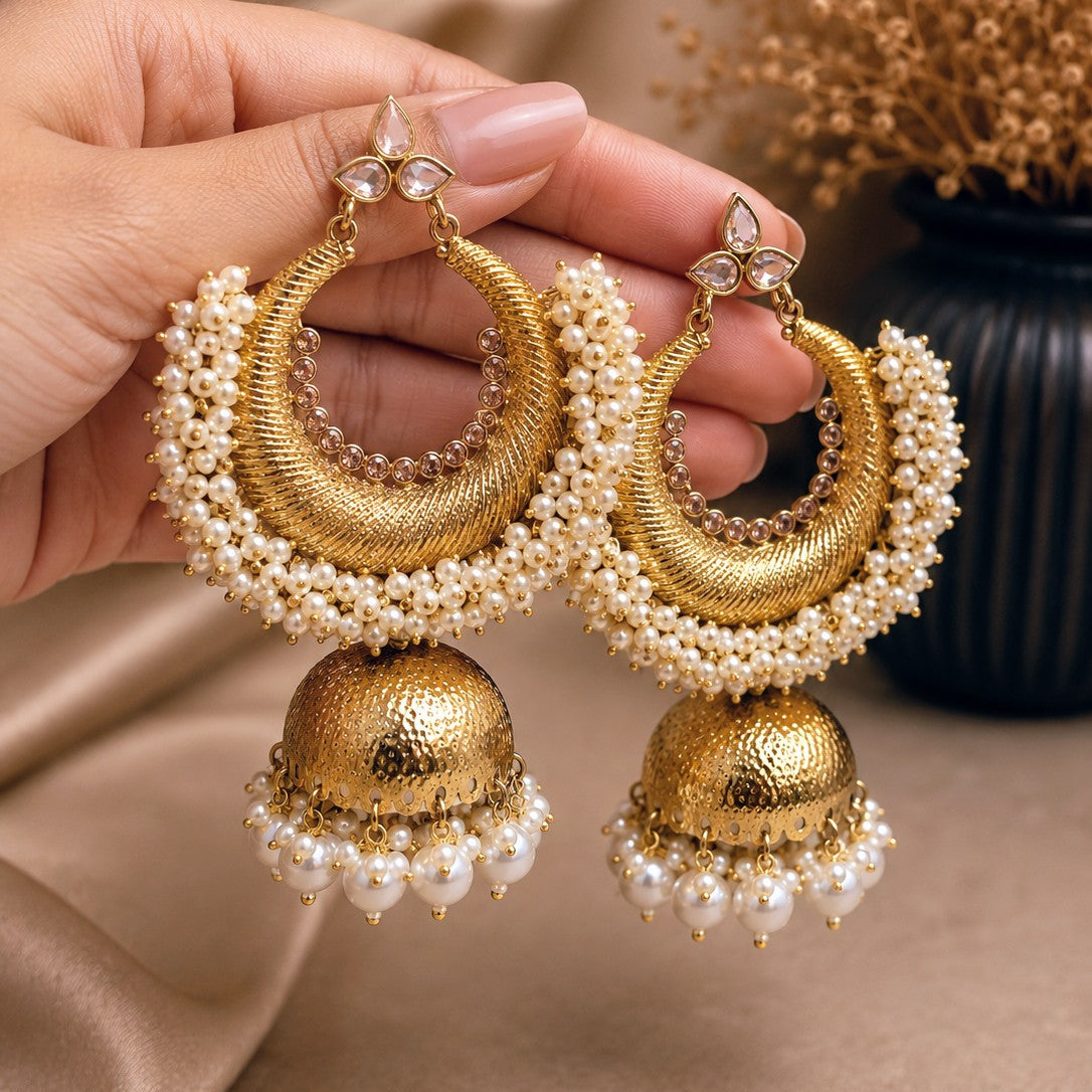Chandbali Pearl Jhumka Earrings