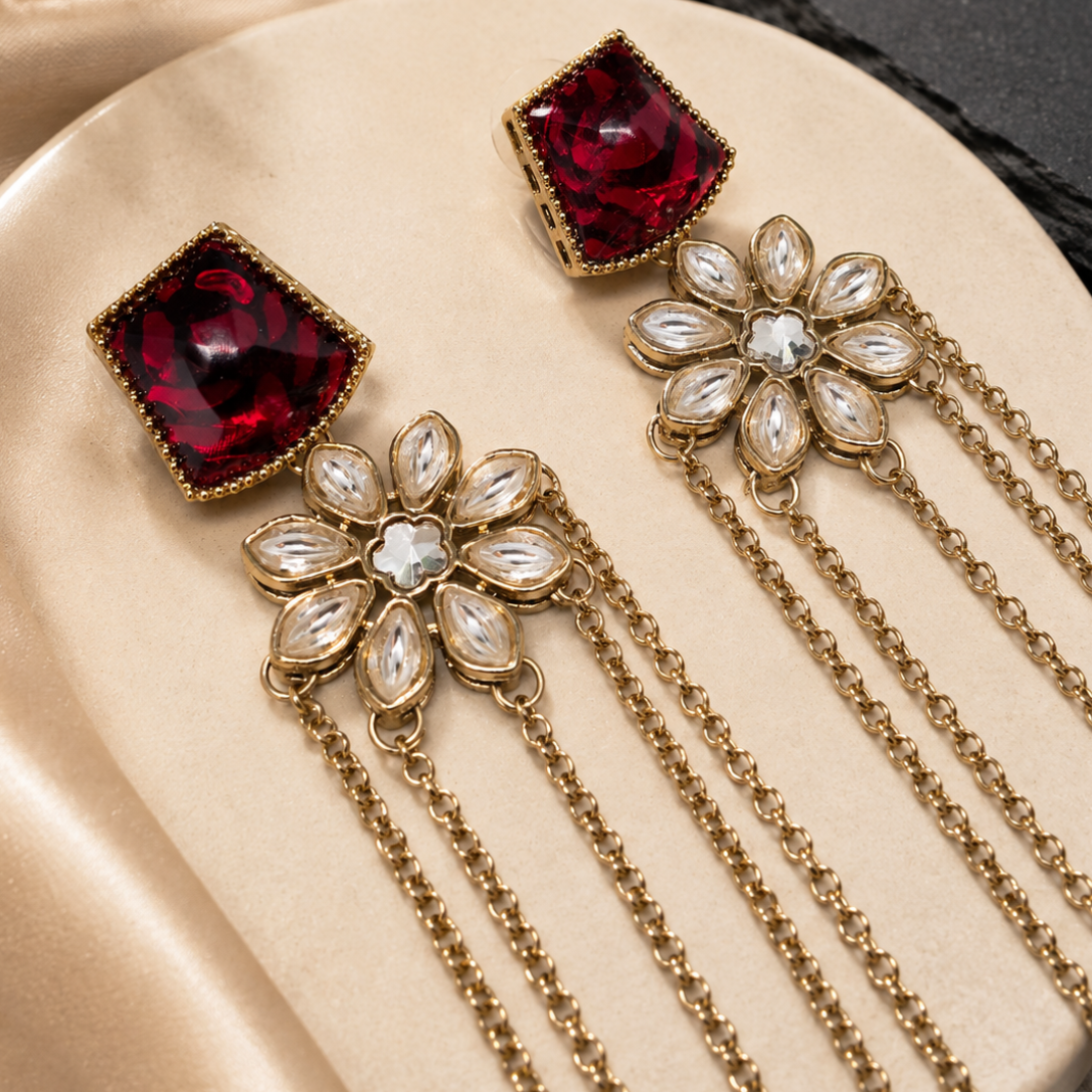 Red Stone Fringe Earrings