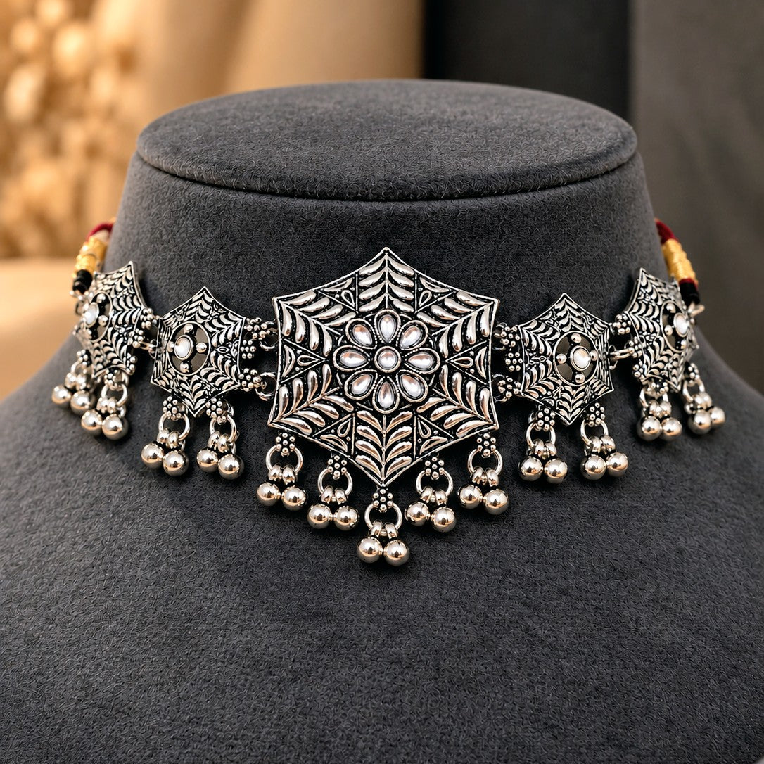 Oxidised Hexagon Ghungroo Choker Necklace