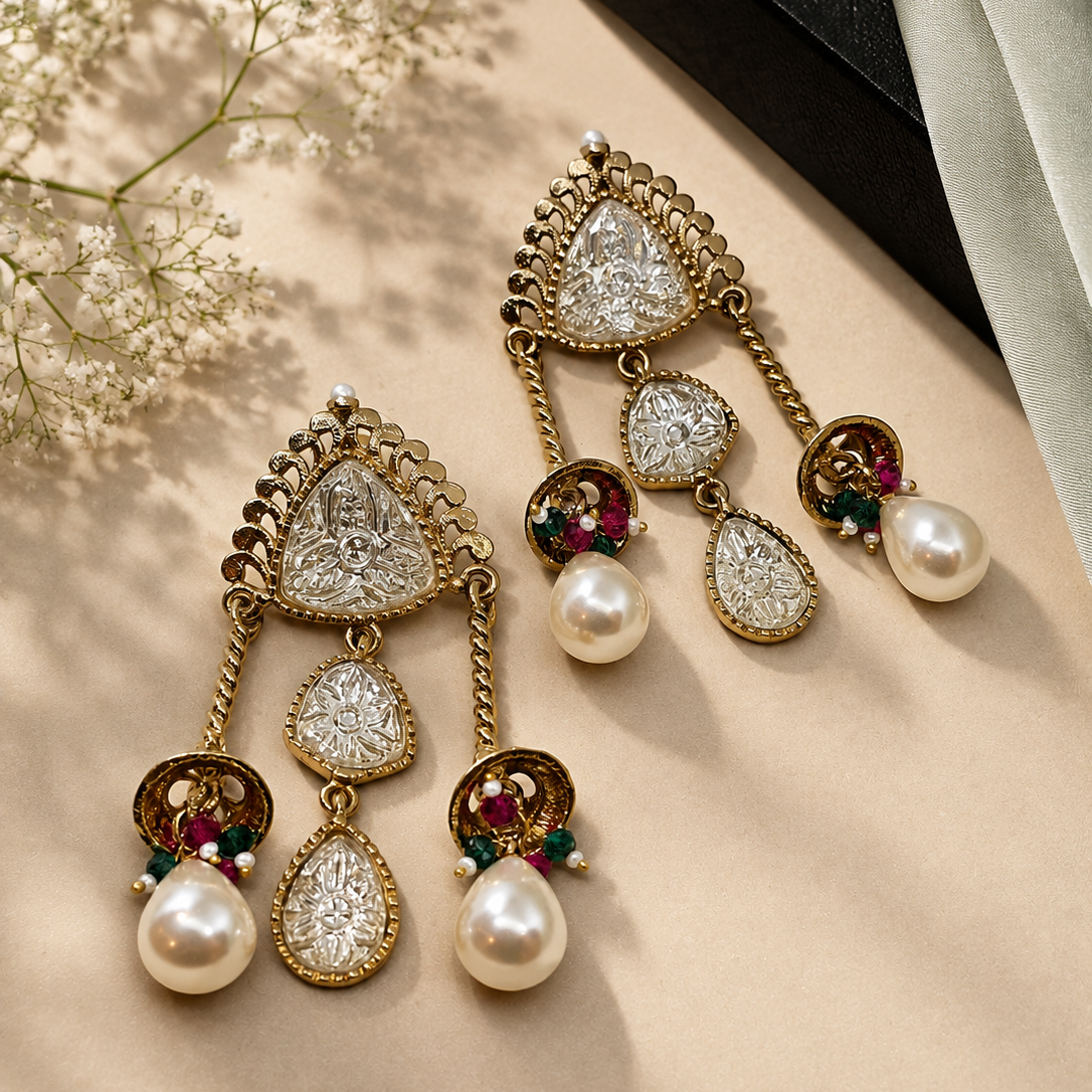 Temple Medallion Pearl Earrings