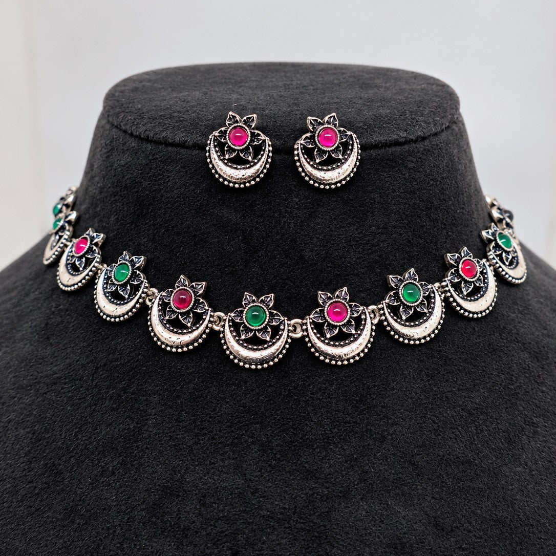 Oxidised Chandbali Flower Choker Necklace Set