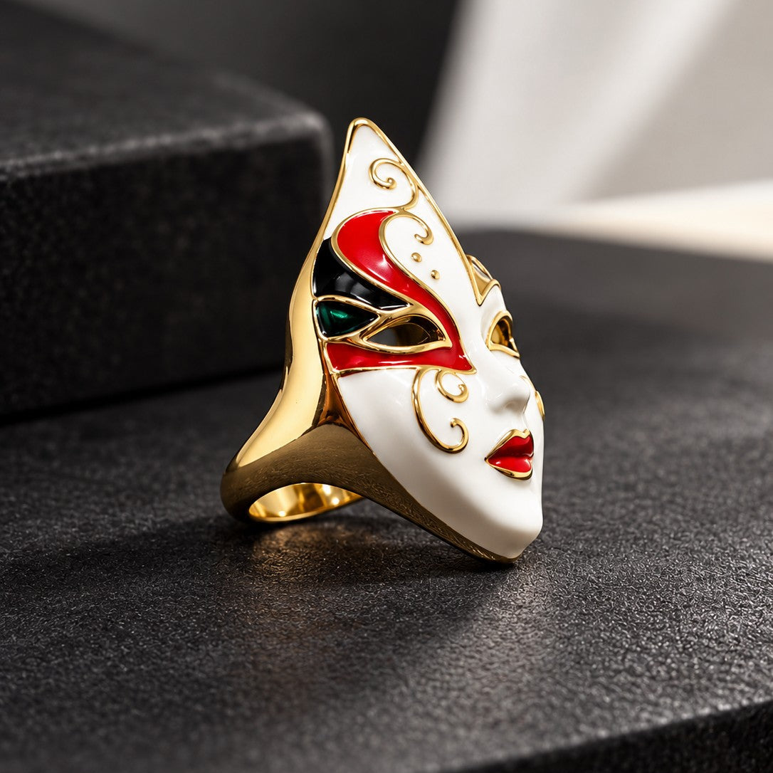 Enamel Masquerade Mask Cocktail Ring