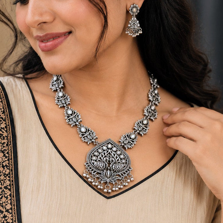 Oxidised Lotus Swan Kundan Long Necklace