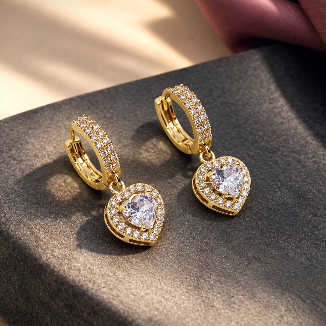 Heart Halo CZ Huggies Drop Earrings
