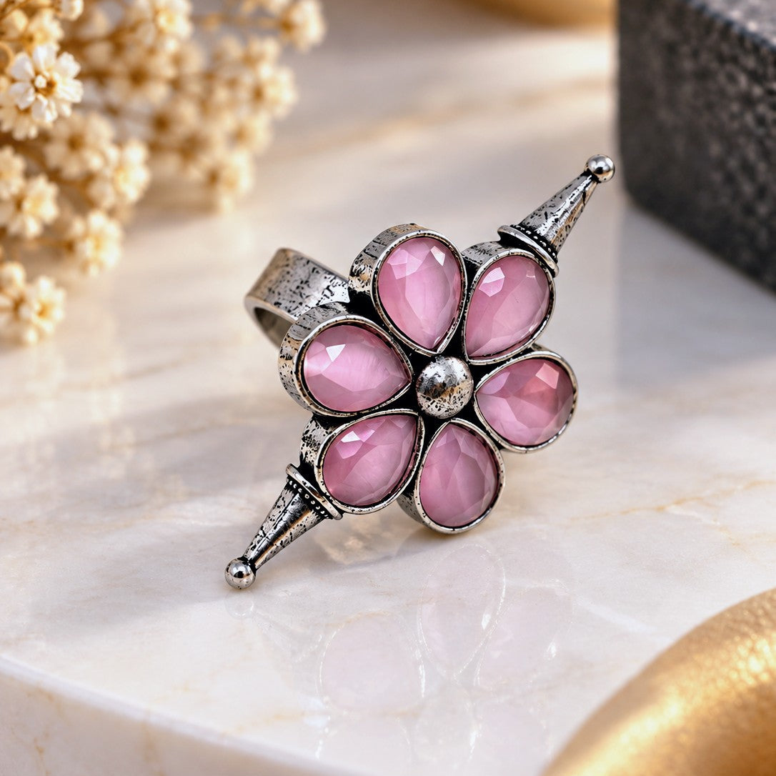 Oxidised Faceted Flower Ring