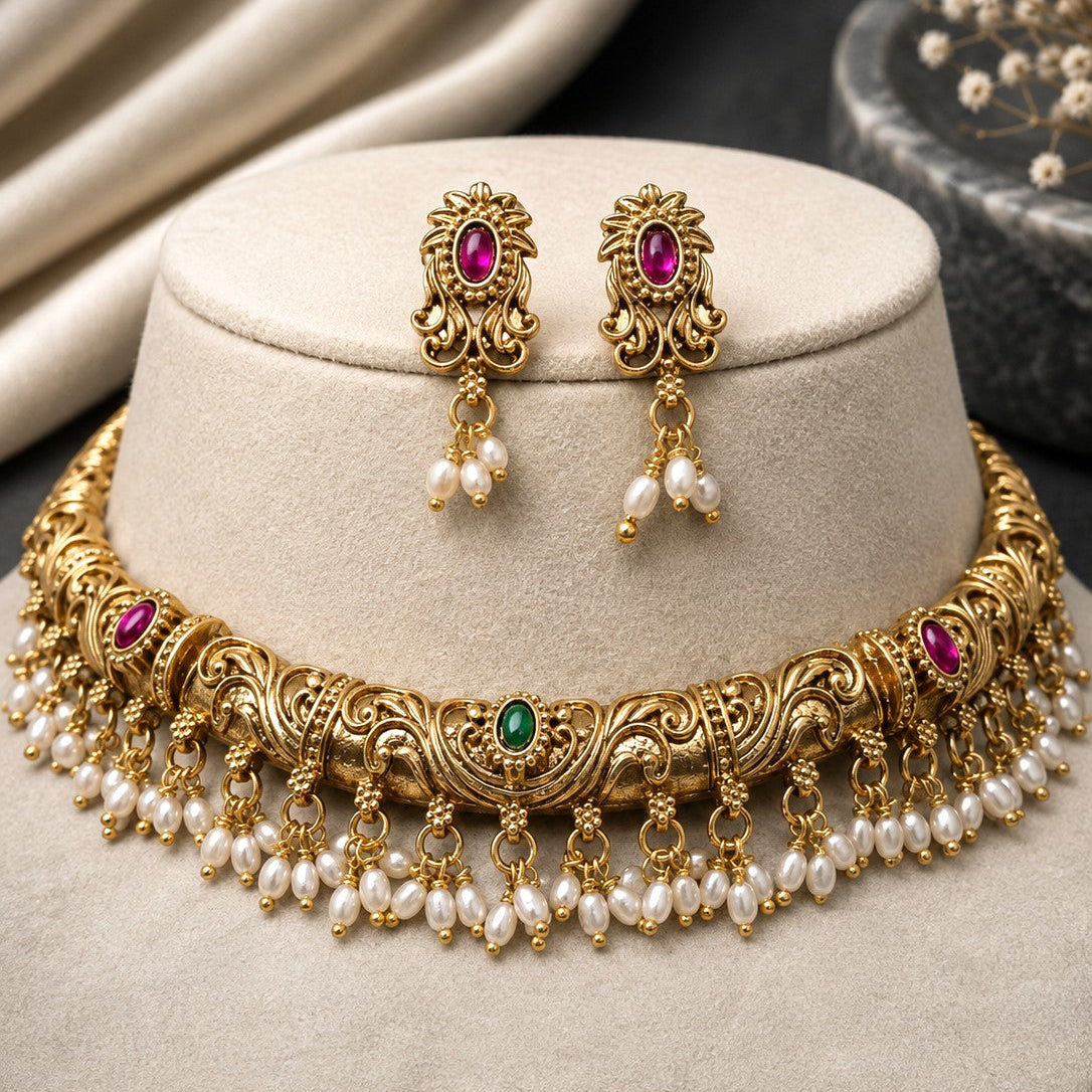 Scrollwork Pearl Fringe Necklace Set