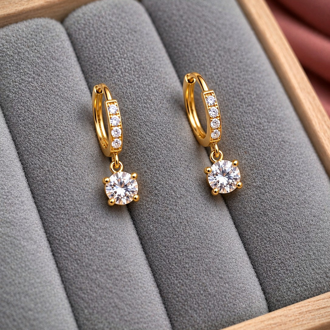 Round CZ Solitaire Pavé Huggies Drop Earrings