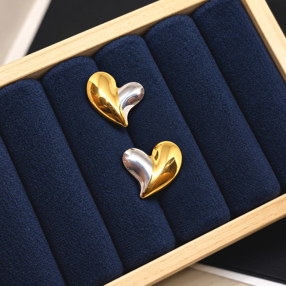 Two Tone Puffed Heart Stud Earrings