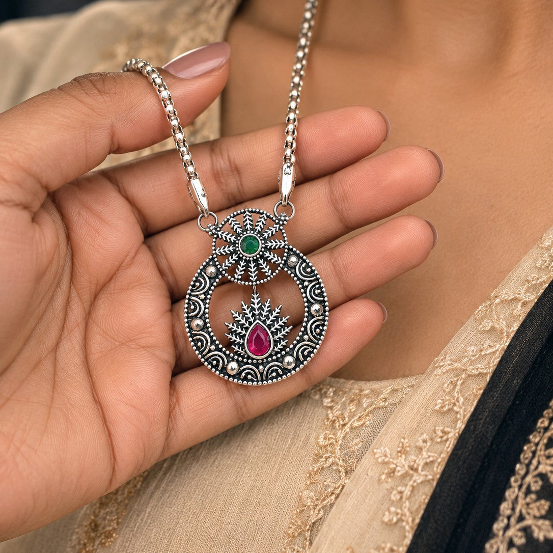 Oxidised Fern Leaf Circle Pendant Necklace