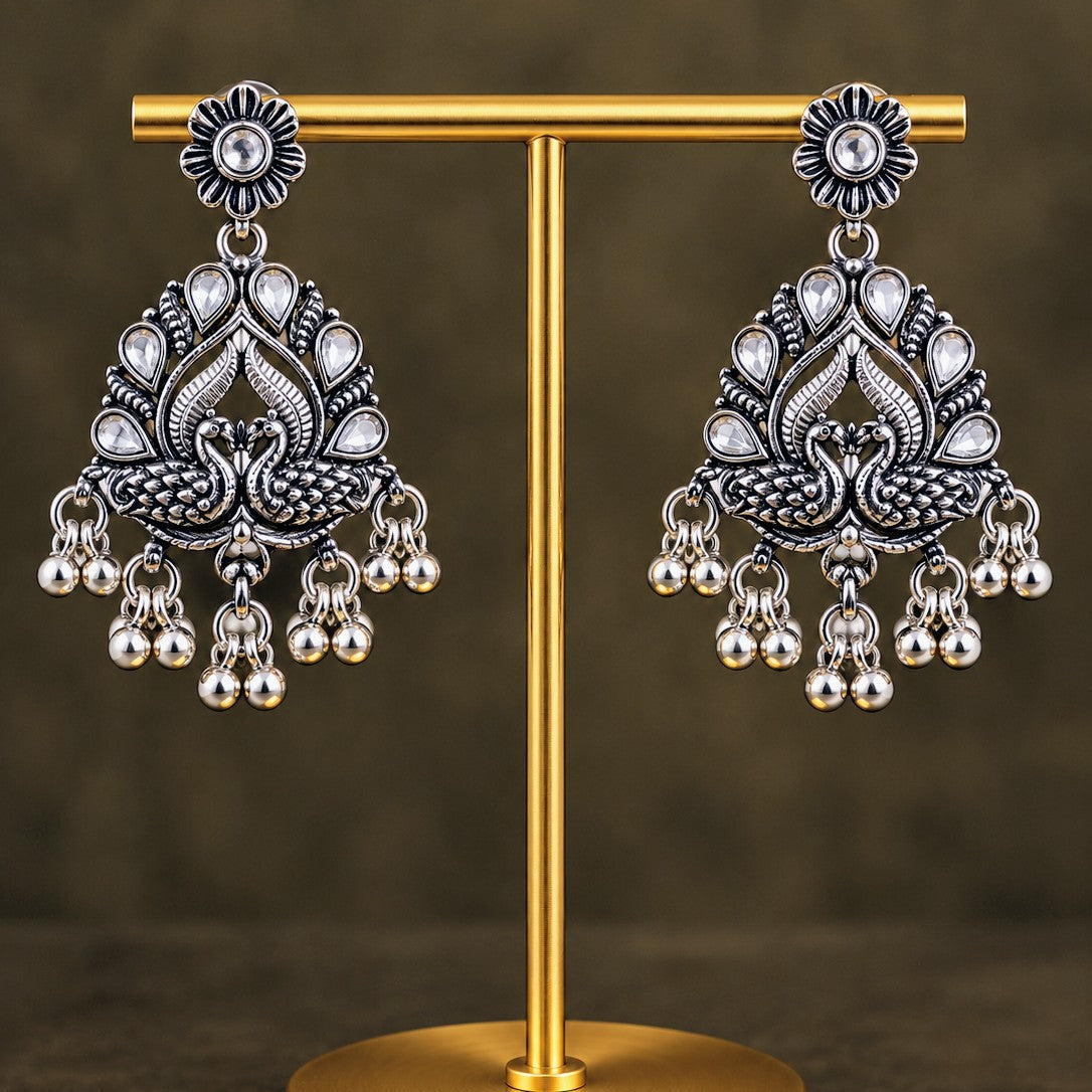 Oxidised Lotus Swan Kundan Long Necklace