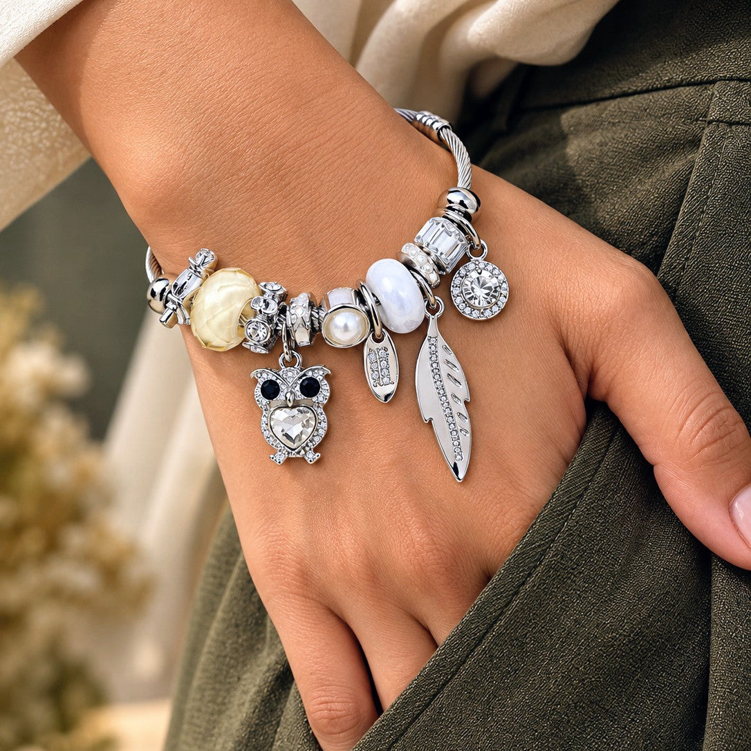Owl Feather Charm Bangle