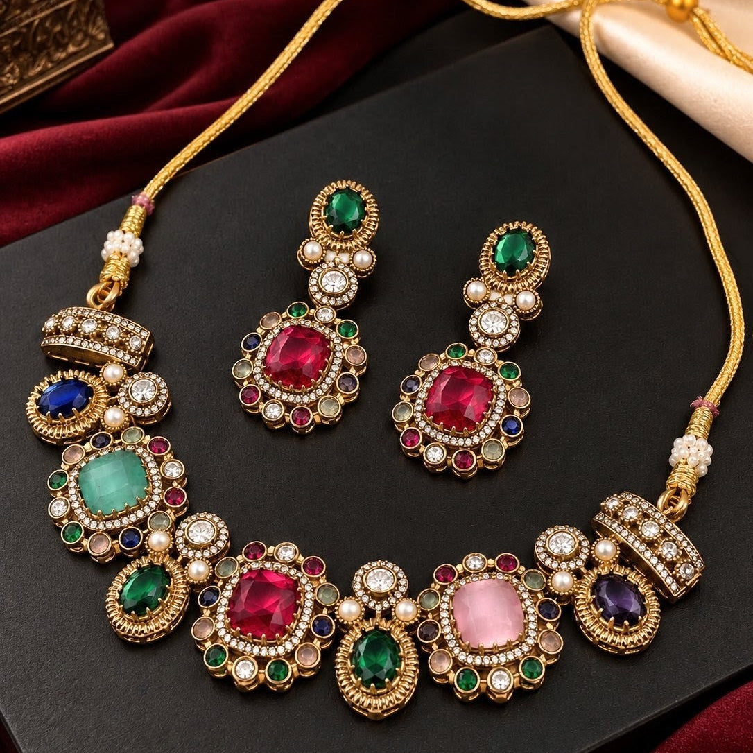 Cushion Medallion Multi-Gem Choker Necklace