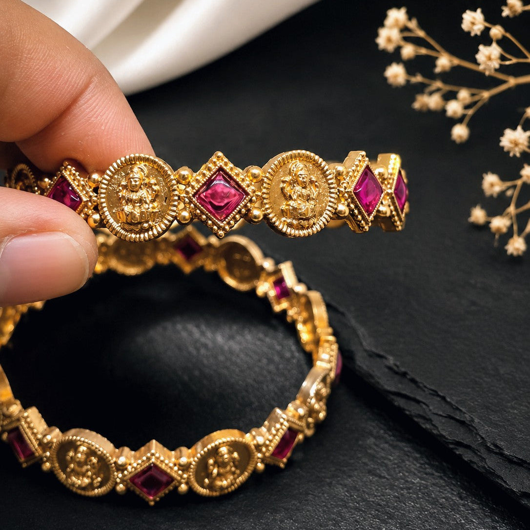 Coin Square Stone Bangle Pair