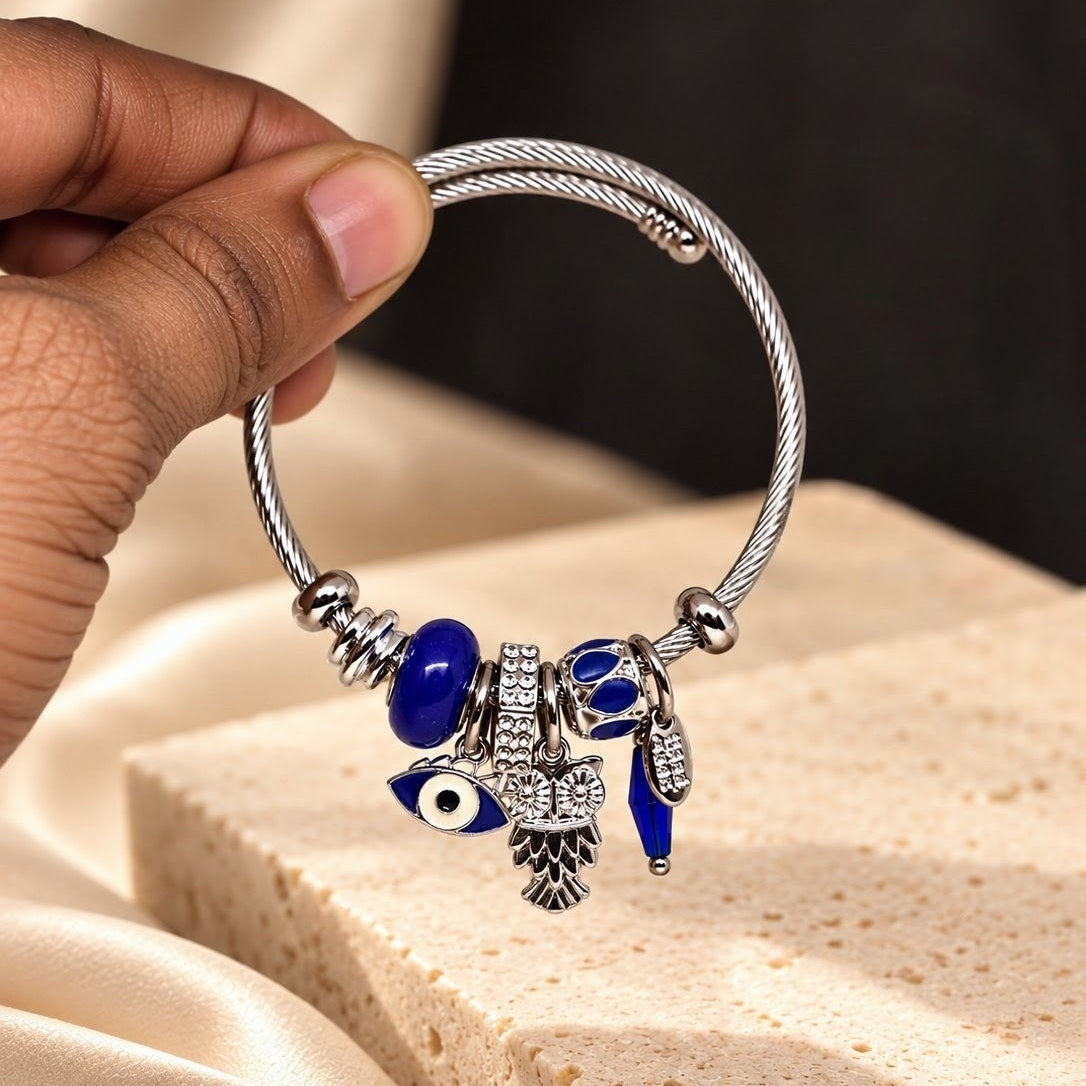 Evil Eye Owl Charm Bangle
