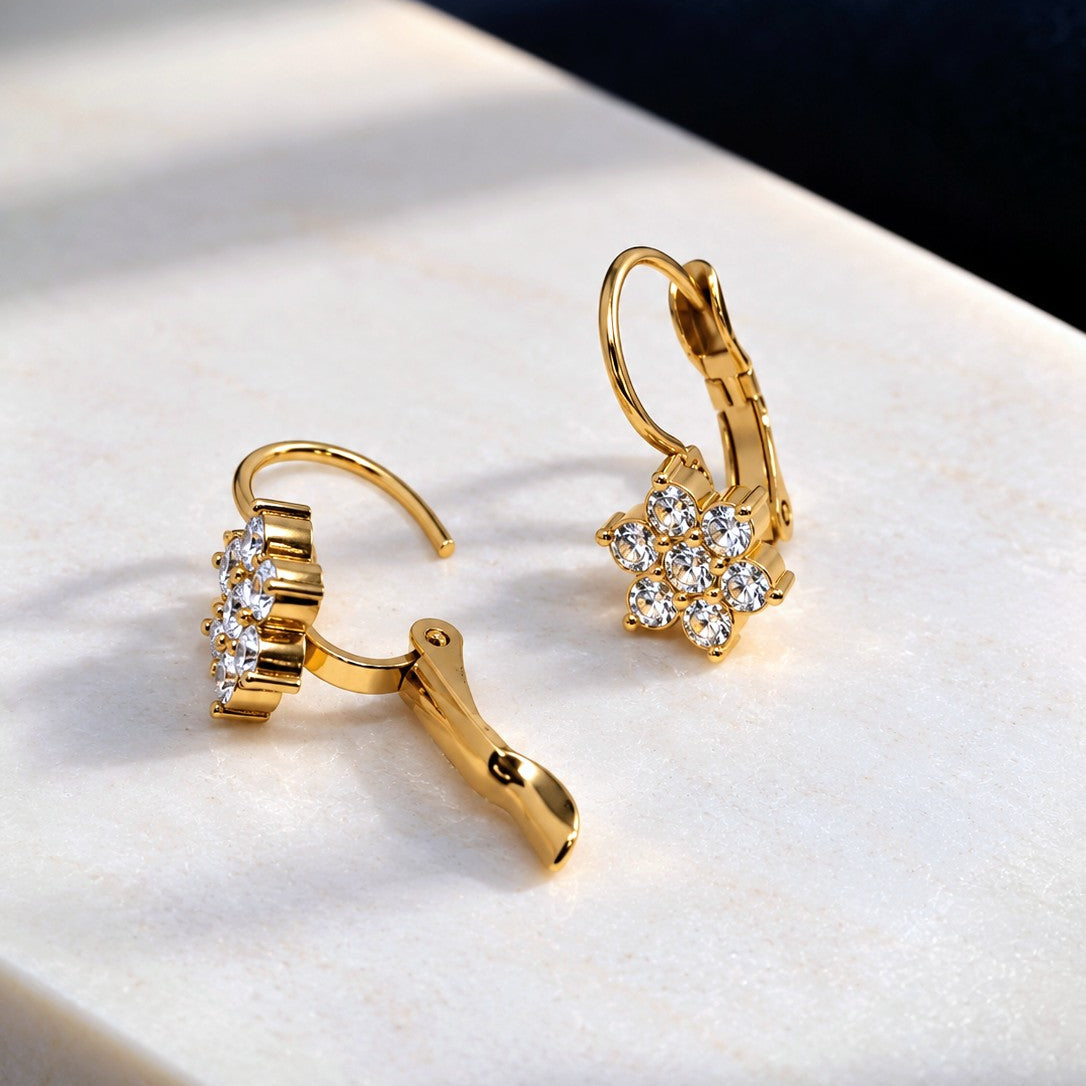 CZ Flower Cluster Leverback Earrings