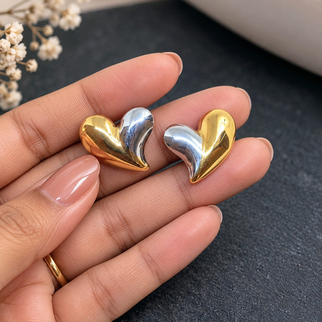 Two Tone Puffed Heart Stud Earrings