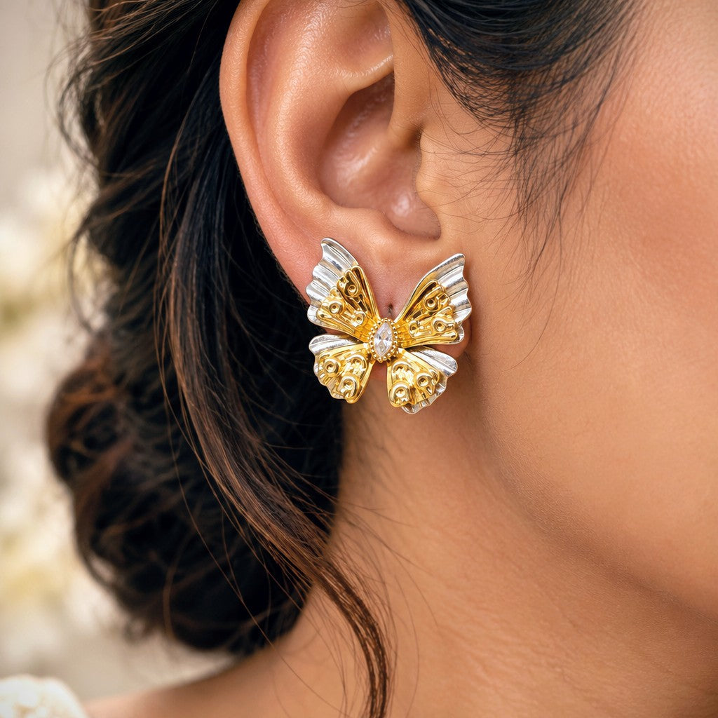 Two Tone Marquise CZ Butterfly Earrings
