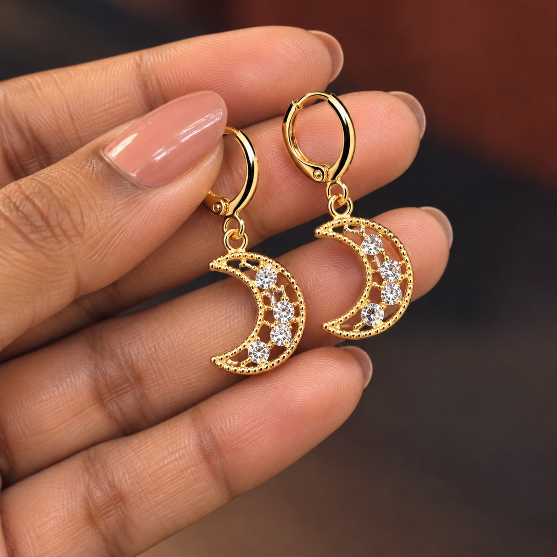 Crescent Moon CZ Huggies Drop Earrings