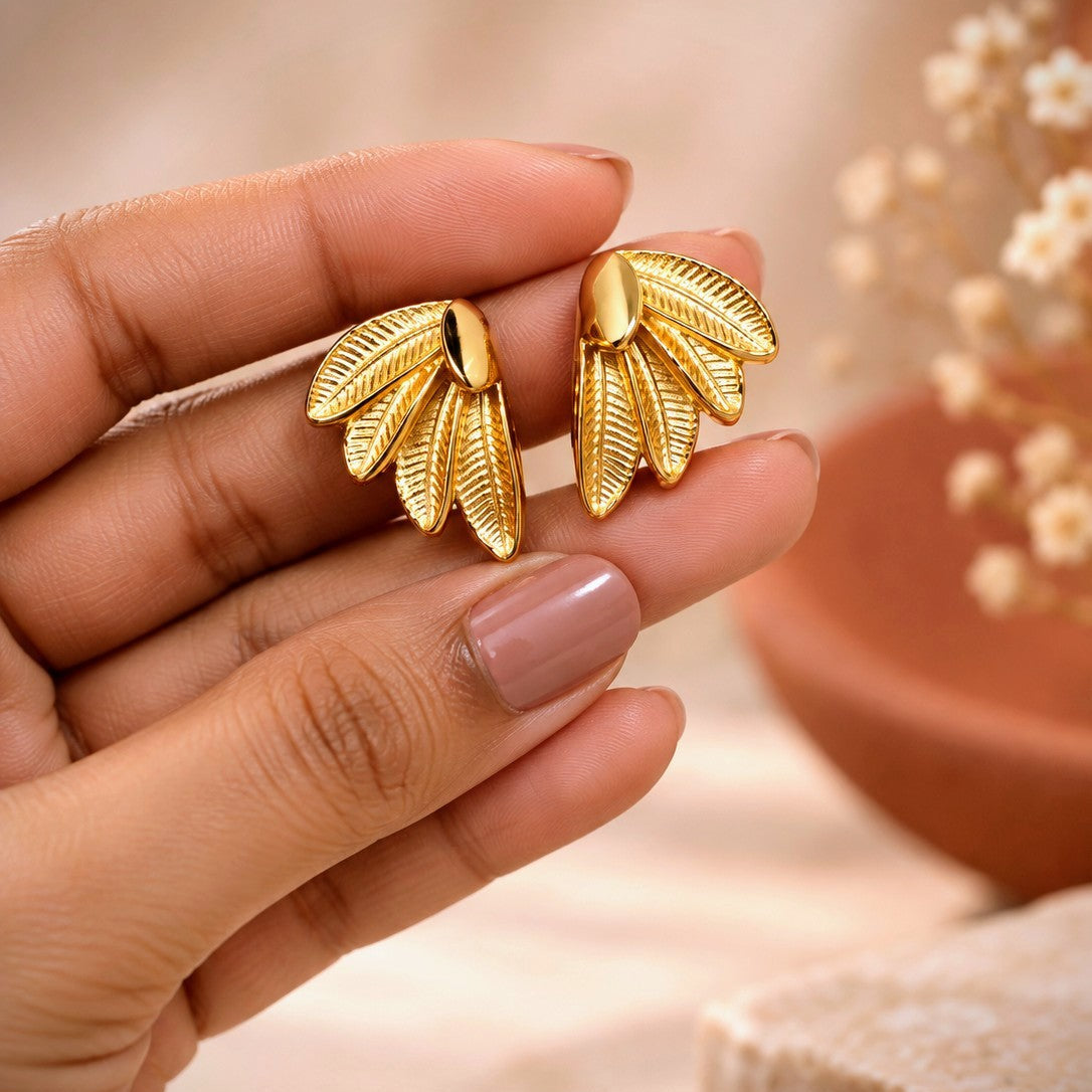 Engraved Leaf Fan Stud Earrings