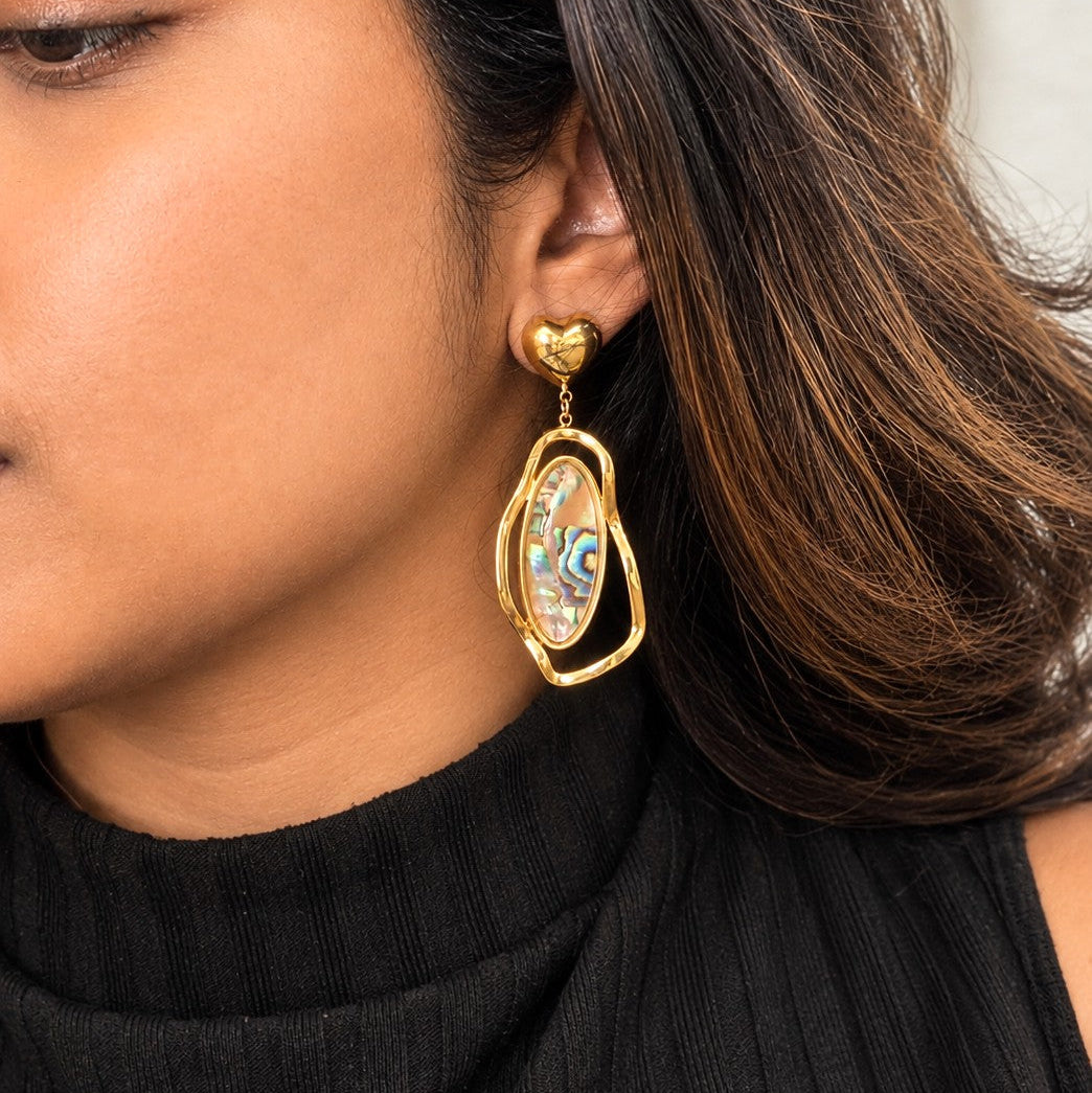 Heart Stud Abalone Finish Drop Earrings