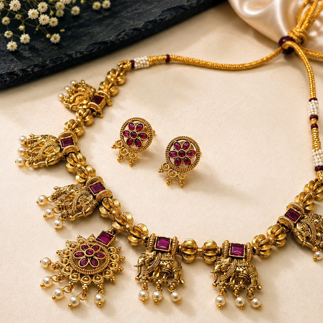 Elephant Starburst Pearl Necklace Set