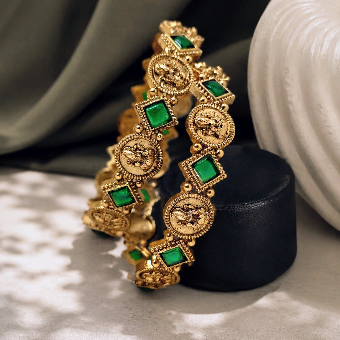 Coin Square Stone Bangle Pair