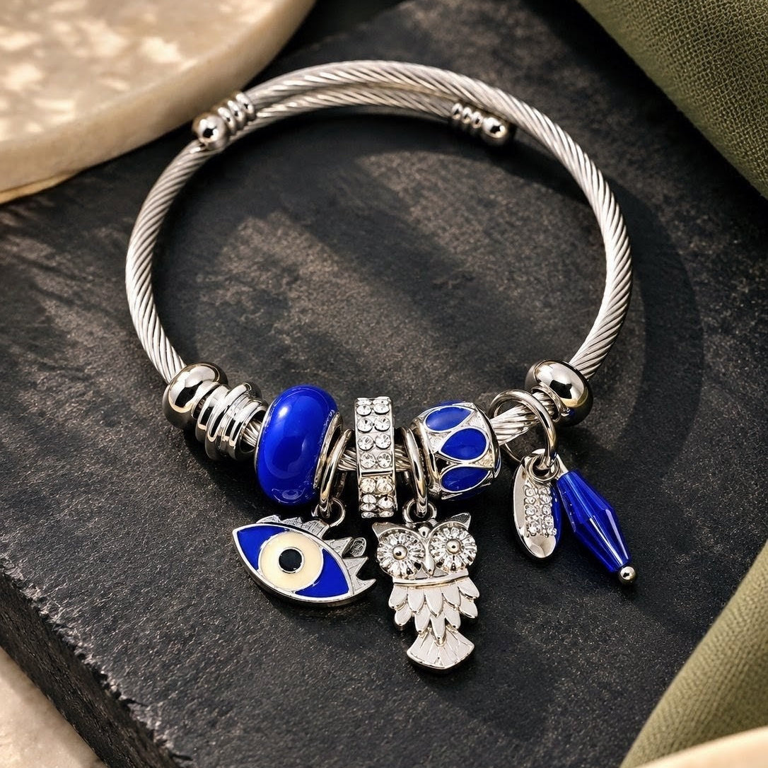 Evil Eye Owl Charm Bangle
