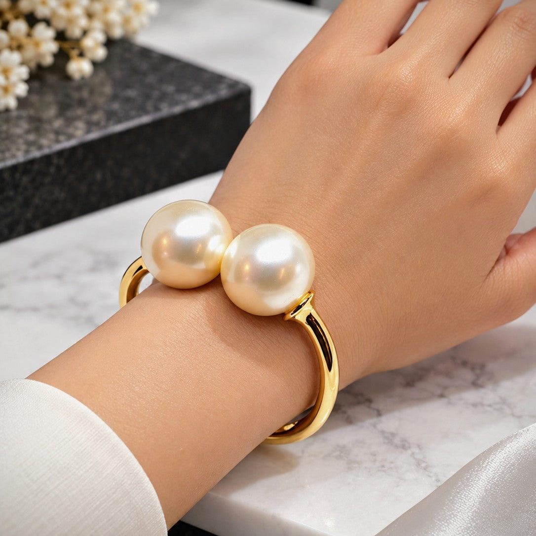 Double Pearl Open Cuff Bangle