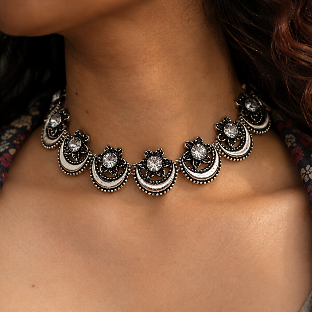 Oxidised Chandbali Flower Choker Necklace Set
