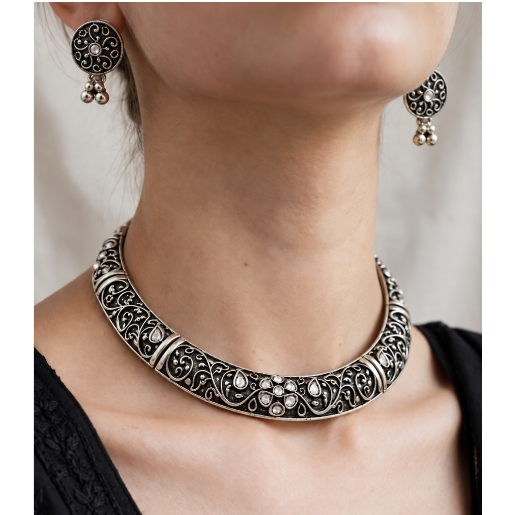 Oxidised Filigree Kundan Hasli Necklace Set