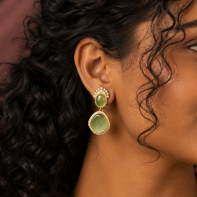 Cabochon Halo Drop Earrings