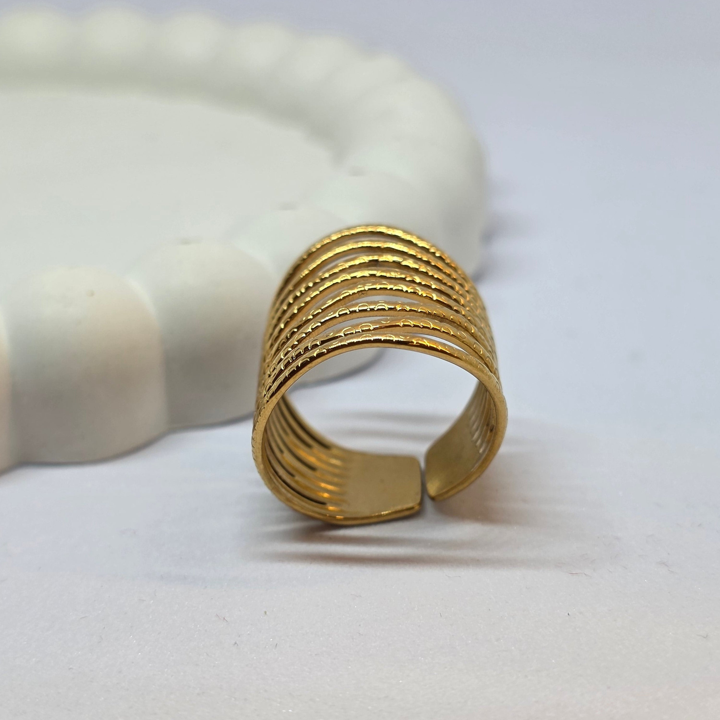 A gold-toned multi-band ring with a textured, layered design, displayed on a white scalloped stand against a plain white background.