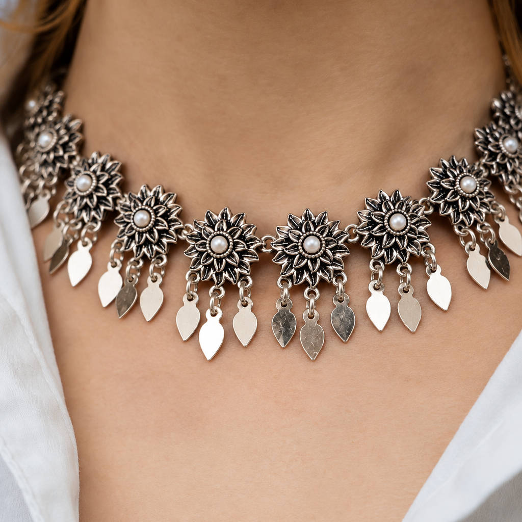 Oxidised Pearl Flower Fringe Choker Necklace Set