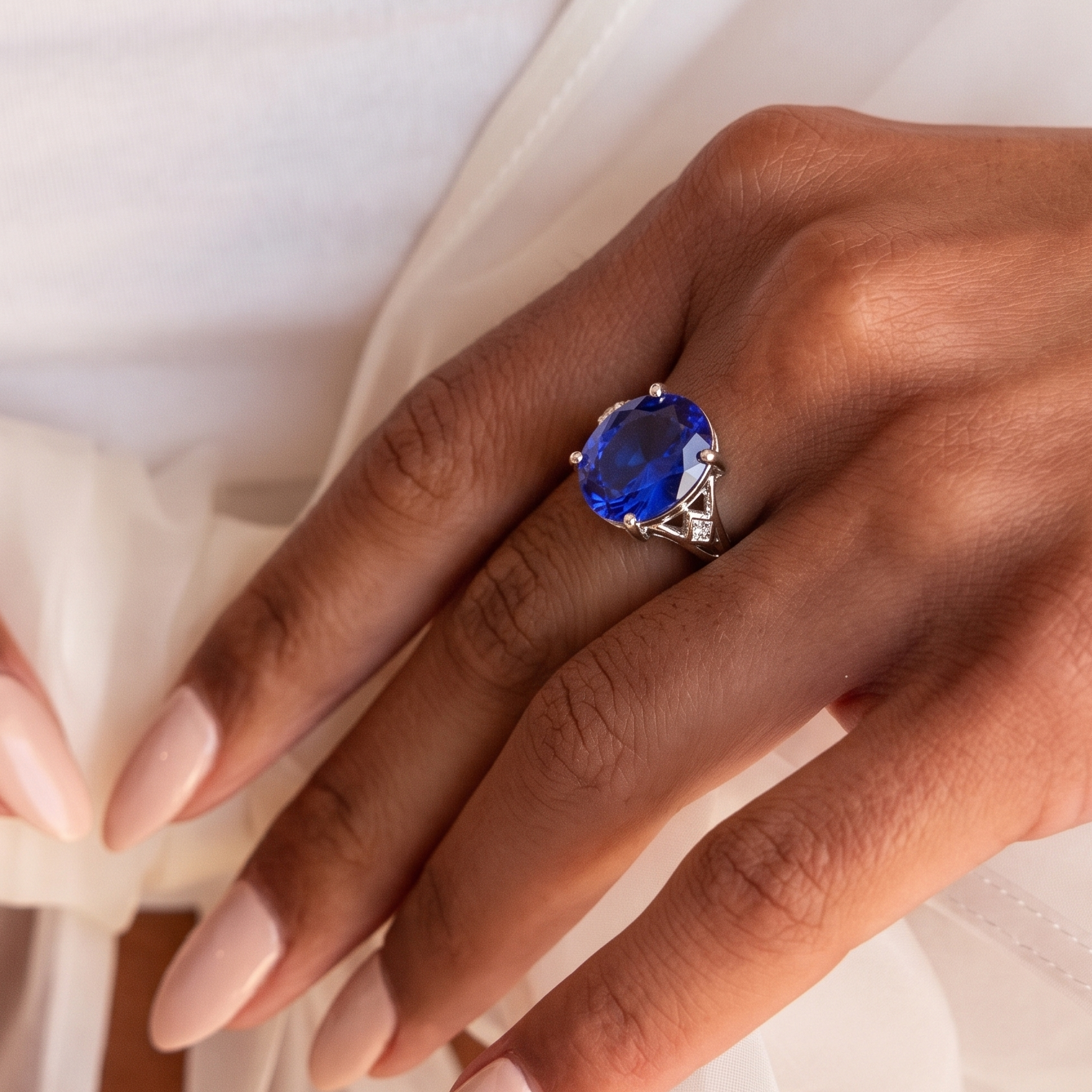 A close-up of a hand wearing a silver ring with a large oval-cut deep blue gemstone and small clear accent stones, set against soft white fabric.