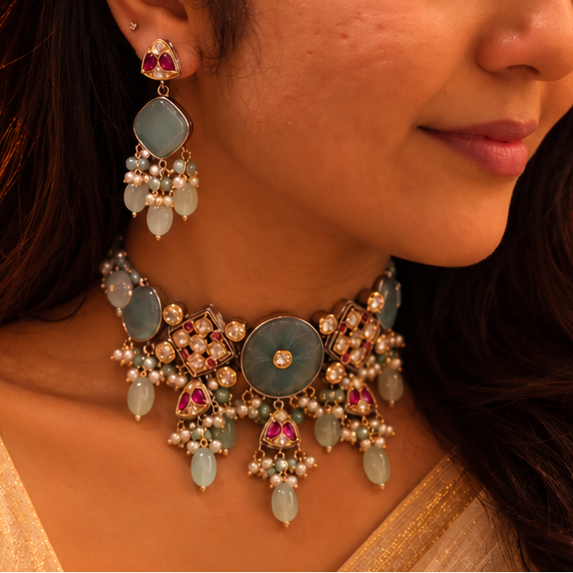 Kundan Floral Pearl Fringe Choker Necklace