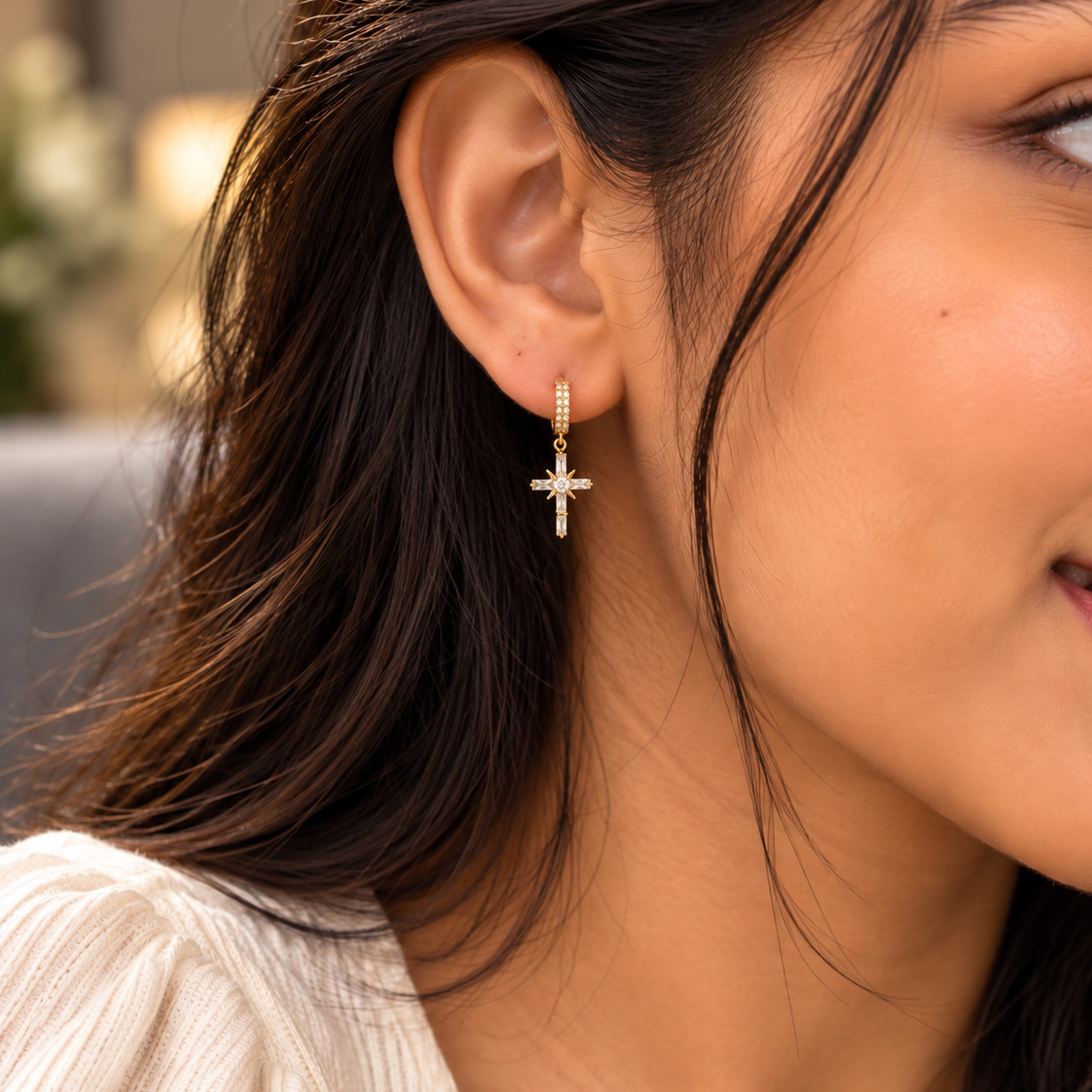 Baguette CZ Cross Huggies Drop Earrings