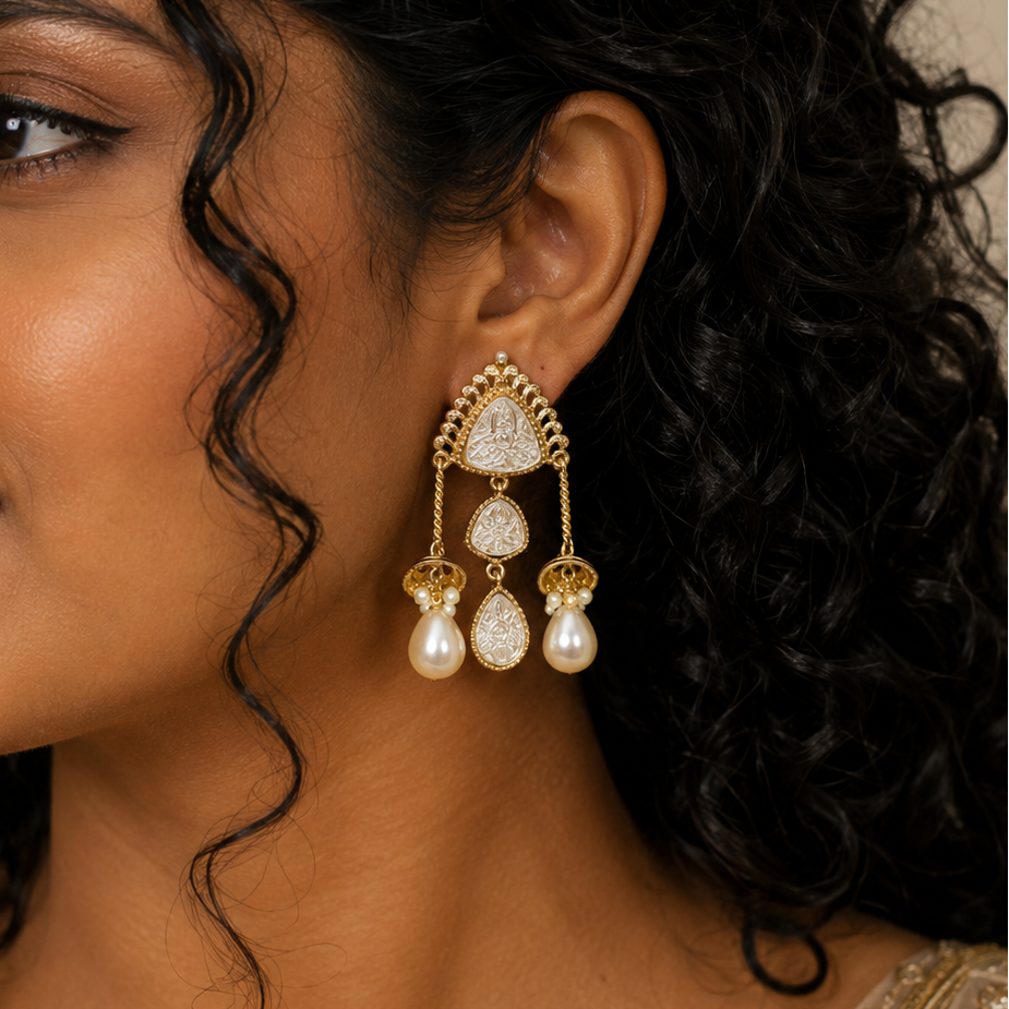 Temple Medallion Pearl Earrings