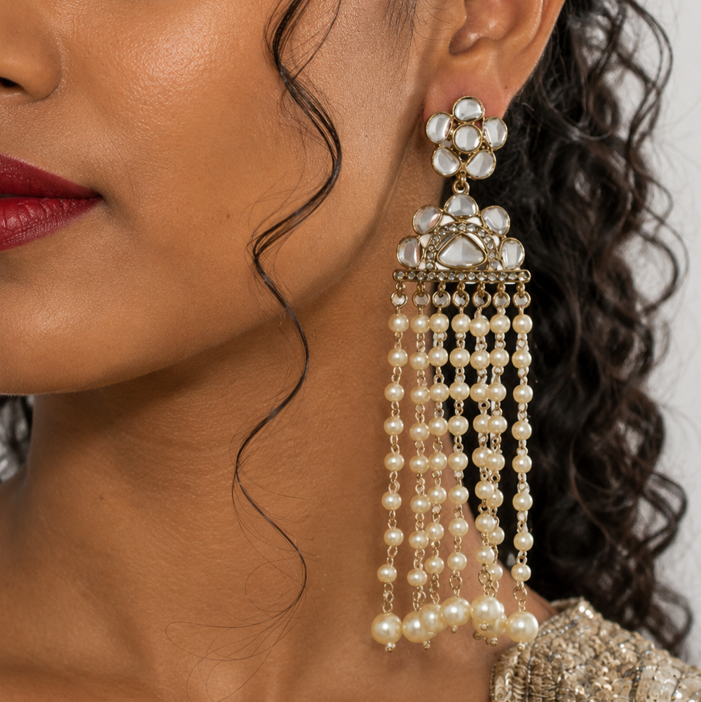 Kundan Pearl Tassel Earrings