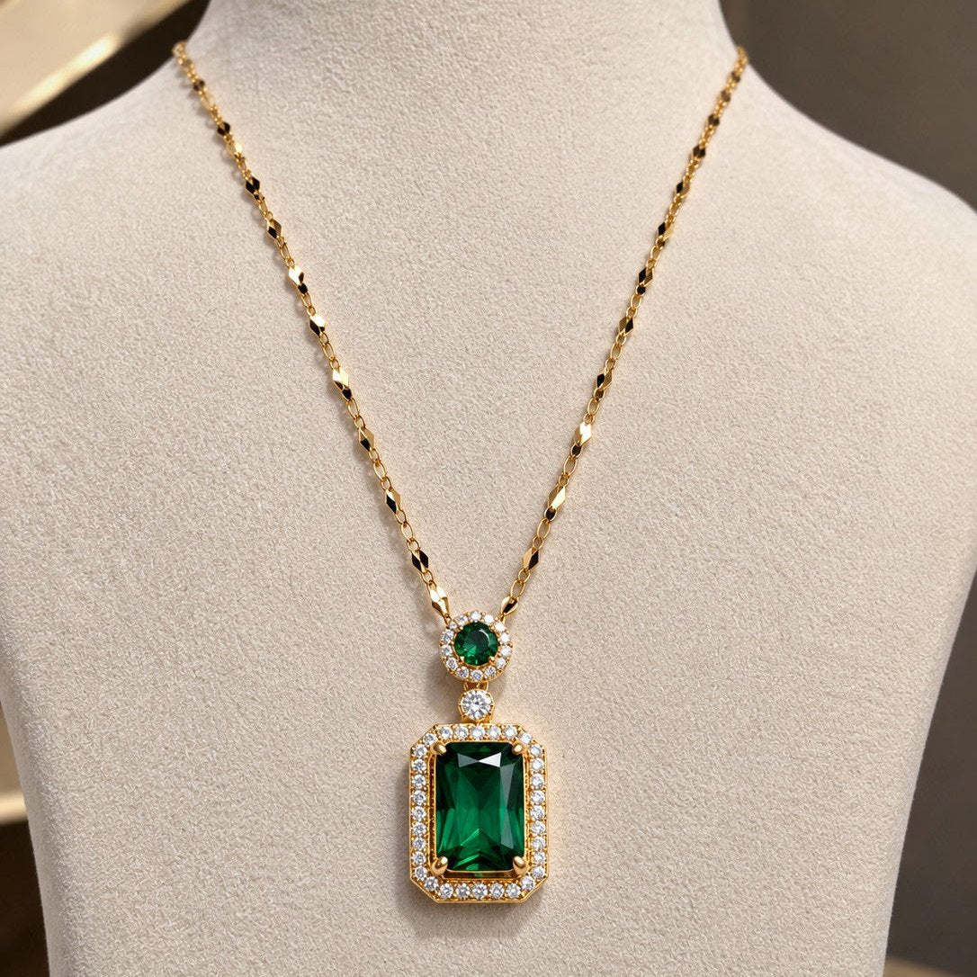 Emerald Cut Halo Pendant Necklace