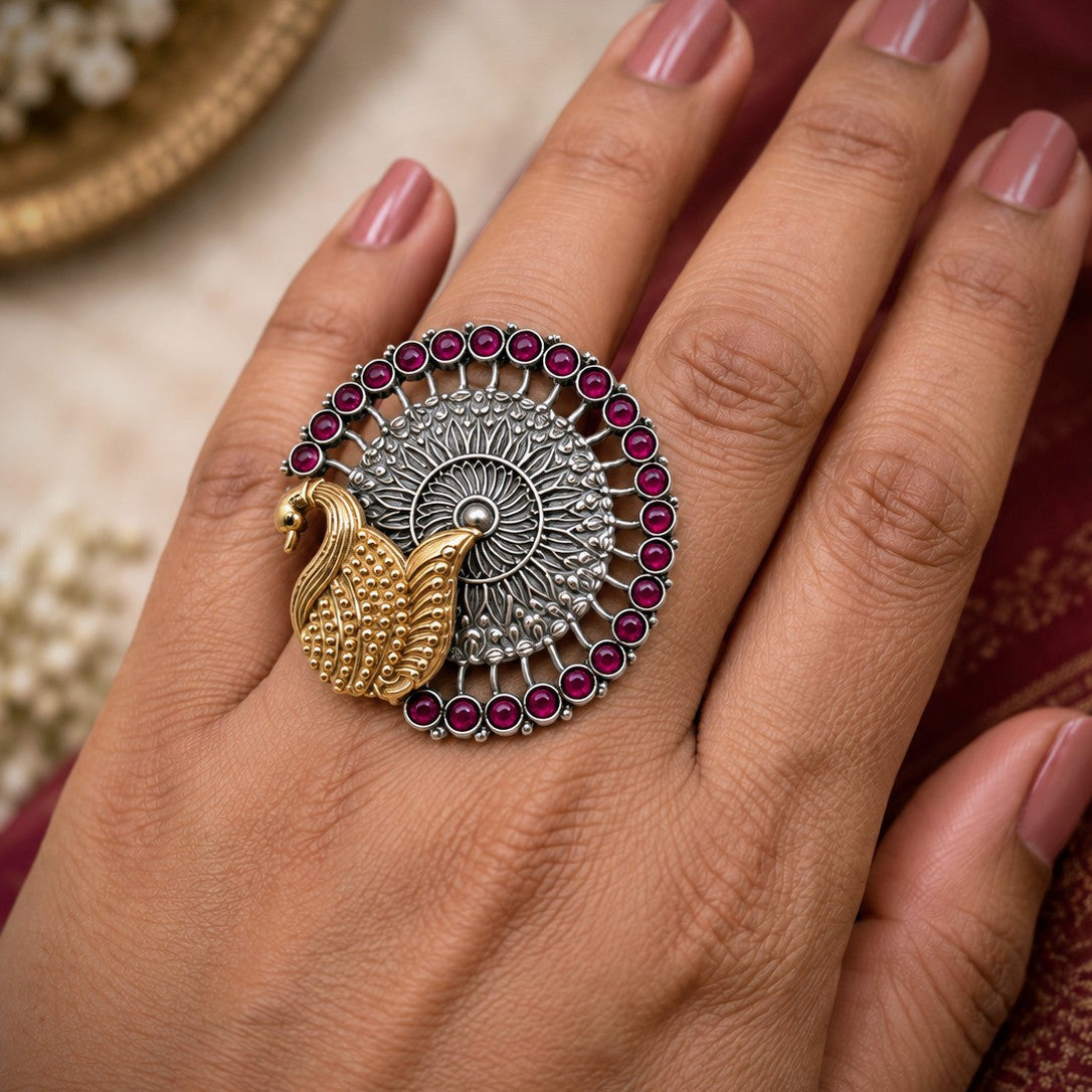 Oxidised Peacock Medallion Ring