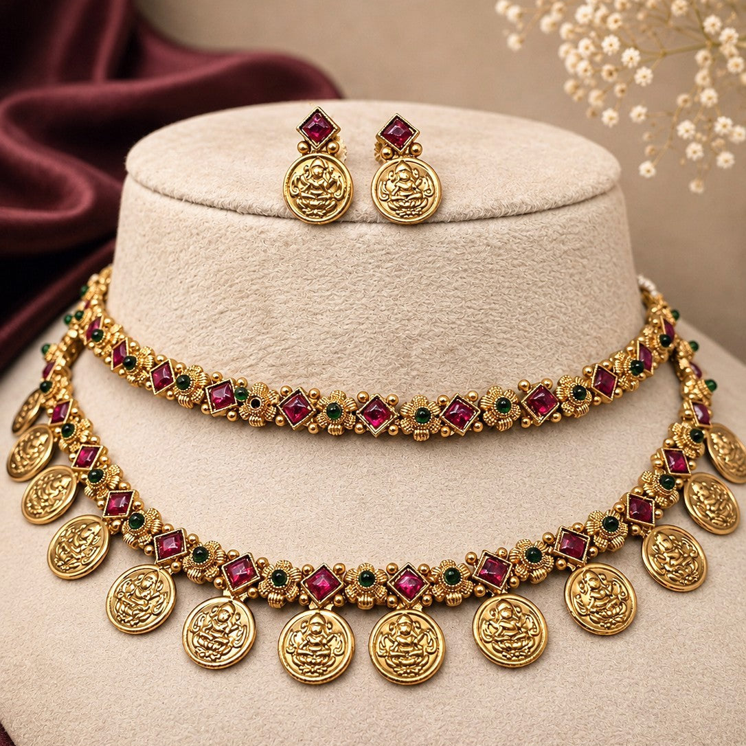 Floral Coin Charm Necklace Set