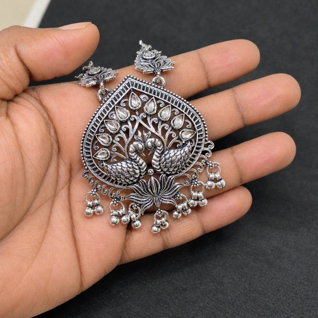 Oxidised Lotus Swan Kundan Long Necklace