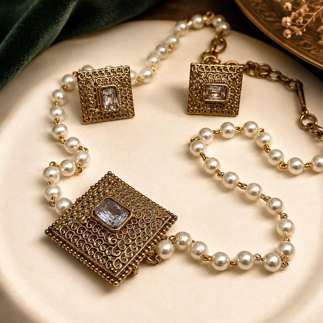 Square Filigree Pearl Necklace Set