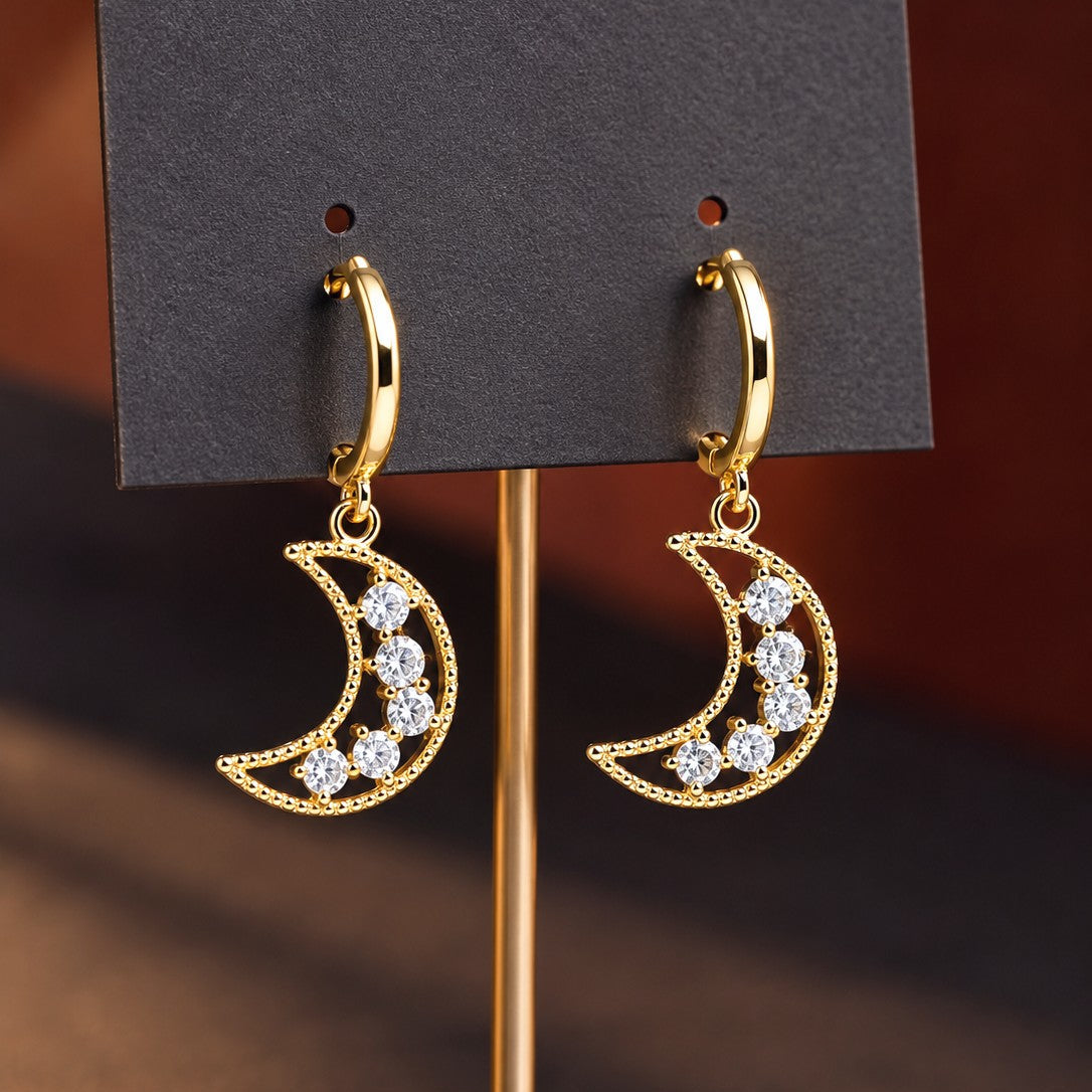Crescent Moon CZ Huggies Drop Earrings