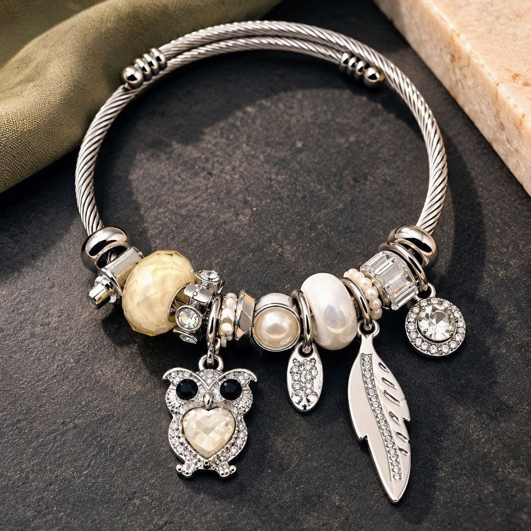 Owl Feather Charm Bangle