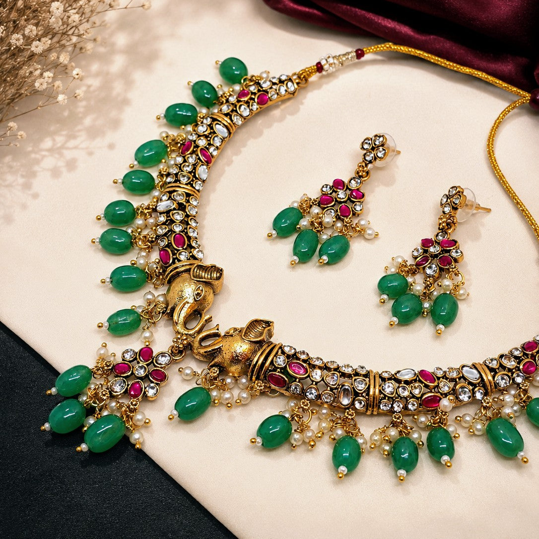 Elephant Kundan Bead Necklace Set